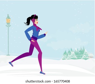 slim girl running in winter 