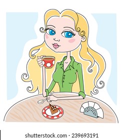 Slim girl sitting at a table and drinking tea with a cake, vector, cartoon