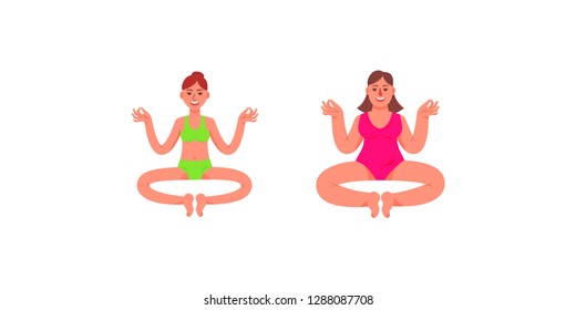 Slim girl and girl size plus. Two girls are sitting in the lotus position. Two girls do yoga. Vector illustration in cartoon style.