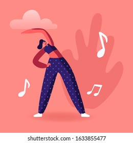 Slim Girl in Sports Wear Engage Fitness or Yoga Activity Listening Music with Mobile Application. Woman Healthy Sport Lifestyle Aerobics Pilates Workout Training Class. Flat Vector Illustration