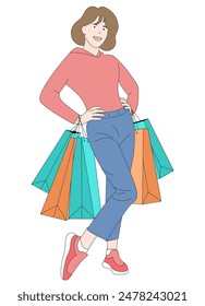 Slim girl standing holding shopping bags hands on waist. Young woman with sweatshirt pants and sneakers. Vector Flat illustration.