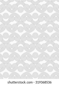 Slim gray hatched hearts in row with circles.Seamless stylish geometric background. Modern abstract pattern. Flat monochrome design.