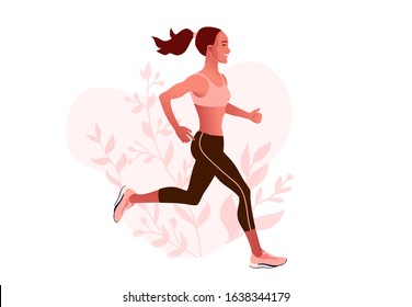 Slim happy fitted woman running outdoor in sportswear and training shoes. Summer morning jogging. Vector illustration isolated on white background. 