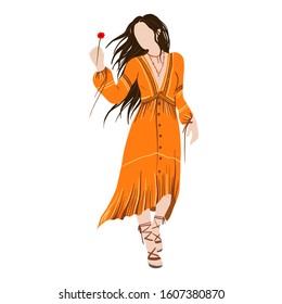 Slim Hippie girl in orange boho dress isolated on white background. Subculture. Cartoon. Hand-Drawn Flat Vector illustration.