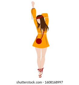 Slim Hippie girl in yellow boho dress isolated on white background. Subculture. Cartoon. Hand-Drawn Flat Vector illustration.