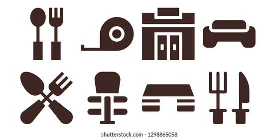  slim icon set. 8 filled slim icons. Simple modern icons about  - Cutlery, Exercise, Tape measure, Fitness step, Gym