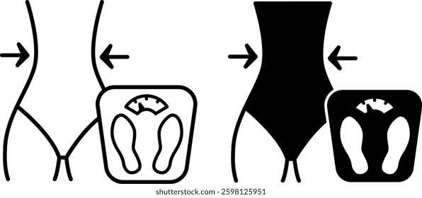 Slim Icons. Black and White Vector Illustration. Slim Body and Bathroom Scale. Healthy Lifestyle, Healthy Eating and Fitness. Weight Loss Concept