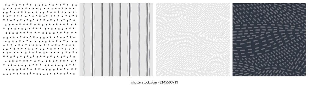 Slim Line, Dot And Abstract Creative Seamless Pattern Set In Monochrome Grey Shades From Light To Dark For Modern Bedding Textile, Fashion Fabric, Masculine Home Office Wallpaper.