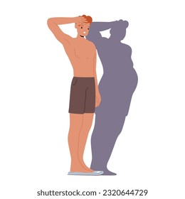 Slim Man Gazes At His Shadow, Realizing It Portrays Him As Fat, Highlighting A Stark Contrast To His Actual Appearance. Male Character with Dysmorphia Disease. Cartoon People Vector Illustration