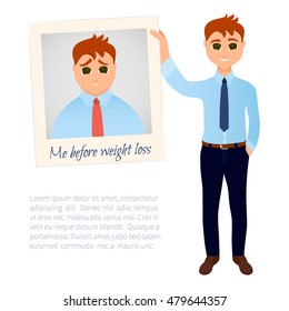 Slim man in good shape showing his old photo before weight loss. Obesity versus perfect body symbol. Successful diet concept. Cartoon characters. Vector illustration.