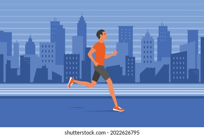 Slim man jogging in the city in sportswear and training shoes. urban running. Vector illustration	

