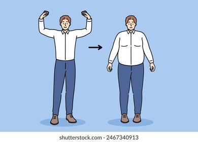 Slim man proud of getting rid of obesity and excess weight thanks to lifestyle transformation, showing biceps. Guy gained weight and got fat due to disease of obesity or eating disorder or bad habits