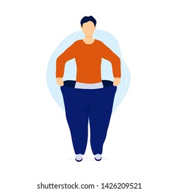 Slim man pulling his oversized pants. Weight loss concept. Flat modern trendy style.Vector illustration character icon. Isolated on white background. 