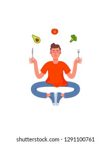 A slim man sits in a pose of meditation with a fork and knife in his hands with healthy food around. Avocado, broccoli, tomato. Healthy lifestyle. Vector illustration in cartoon style.