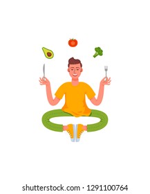 A slim man sits in a pose of meditation with a fork and knife in his hands with healthy food around. Avocado, broccoli, tomato. Healthy lifestyle. Vector illustration in cartoon style.