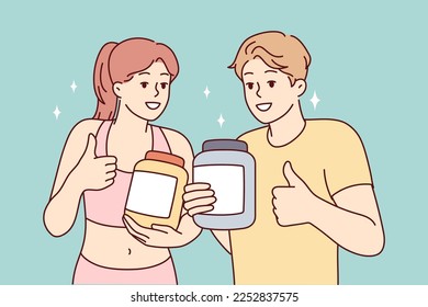 Slim man and woman demonstrating jars for sports supplements and showing thumbs up. Guy and girl trainers from fitness club recommend purchasing specialized nutrition for athletes. Flat vector design 