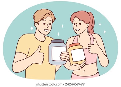 Slim man and woman demonstrating jars for sports supplements and showing thumbs up. Guy and girl trainers from fitness club recommend purchasing specialized nutrition for athletes. Flat vector design