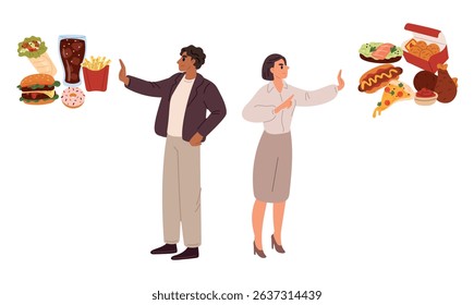 Slim man and woman say no fatty, junk food. Couple show rejection gesture to fastfood. People choose healthy nutrition. Banned burger and pizza. Diet meal choice. Sweet snacks avoid. Vector concept
