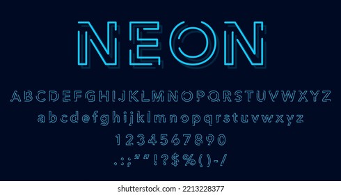 Slim neon font type, typeface letters and signs, vector alphabet text typography. Neon light or night glow ABC font of electric lamps, bar or casino fluorescent blue LED line typeface letters, numbers