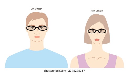 Slim Octagon frame glasses on women and men flat character fashion accessory illustration. Sunglass front view unisex silhouette style, rim spectacles eyeglasses, lens sketch style outline isolated