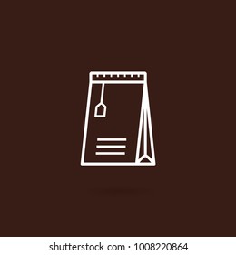Slim paper bag icon. Vector paper bag in line design style with brown background. Coffee, tea, salt, sugar bag icon illustration. Coffee packet, Foil paper package of coffee, tea, sugar