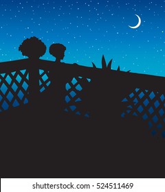 Slim pretty alone lady at porch palisade. Dark ink hand drawn picture in art retro engraving graphic style. Romantic gloaming silence scene view with space for text on blue nightfall sky backdrop