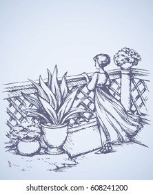 Slim pretty Lady in fashion long gown on porch. Freehand outline ink hand drawn picture sketch in art retro engraving graphic style pen on paper. Romantic rear view with space for text on clear sky