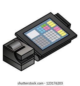 A slim profile touchscreen point of sale terminal with a card swipe slot and receipt printer.