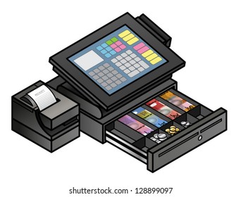 A slim profile touchscreen point of sale terminal with a card reader, receipt printer, and cash drawer. Cash drawer is shown open and filled with notes and coins.