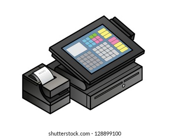 A slim profile touchscreen point of sale terminal with a card reader, receipt printer, and cash drawer.