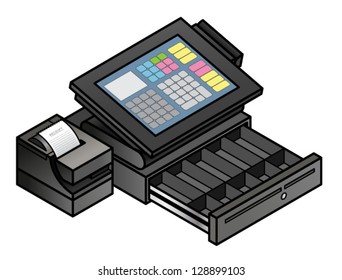 A slim profile touchscreen point of sale terminal with a card reader, receipt printer, and cash drawer. Cash drawer is shown open and empty.