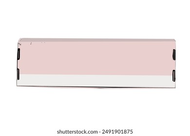 Slim rectangular box with two-tone design: soft pink top, white bottom. Black edges suggest opening mechanism. Flat, elongated shape. Minimalist style with smooth surface, made of cardboard.