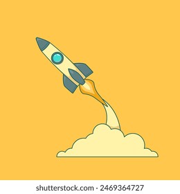slim retro cartoon rocket launch vector illustration