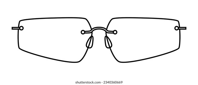 Slim Rimless frame glasses fashion accessory illustration. Sunglass front view for Men, women silhouette style, flat rim spectacles eyeglasses with lens sketch outline isolated on white background