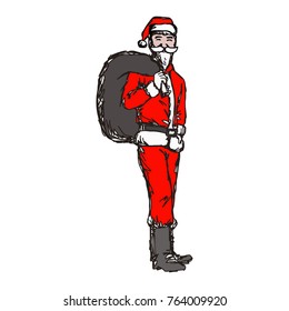 slim Santa Claus with big bag on his back vector illustration sketch hand drawn with black lines isolated on white background