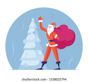 Slim Santa Claus in Red Traditional Costume Carry Sack with Gifts Waving Hand at Decorated Fir Tree. Winter Season Holidays Merry Christmas and Happy New Year Wishes. Cartoon Flat Vector Illustration
