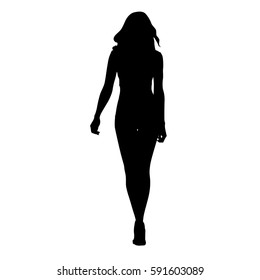 Slim sexy woman vector silhouette. Tall girl walking forward