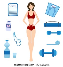 Slim, slimming girl. Diet. Healthy lifestyle. Flat vector illustration.