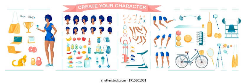 Slim Sportive African American Woman Cartoon Character Animation Set with Poses, Gestures and Healthy Lifestyle Equipment. Professional Sportswoman Constructor. Flat Vector Illustration Isolated.