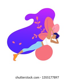 Slim sportive young woman doing sports, fitness, yoga exercises. sport illustration modern design isolated on purple and plants background. - Vector