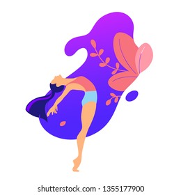 Slim sportive young woman doing sports, fitness, yoga exercises. sport illustration modern design isolated on purple and plants background. - Vector