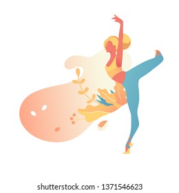 Slim sportive young woman doing sports, fitness, yoga exercises. Flat vector sport illustration modern design isolated on gradient and plants background.