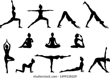 Slim sportive young woman doing yoga & fitness exercises. Healthy lifestyle. Set of vector silhouette illustrations design isolated on white background for t-shirt graphics, icons, web, posters, print