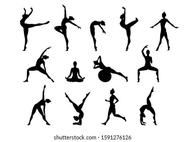 Slim sportive young woman doing yoga & fitness exercises. Healthy lifestyle. Set of vector silhouette illustrations design isolated on white background for t-shirt graphics, icons, web, posters, print