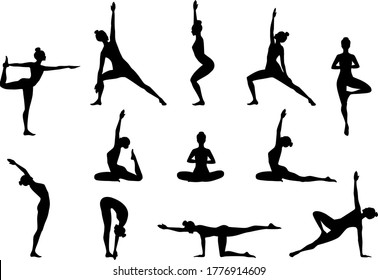 Slim sportive young woman doing yoga & fitness exercises. Healthy lifestyle. Set #2 off vector silhouette illustrations design isolated on white background for t-shirt graphics, icons, web, posters