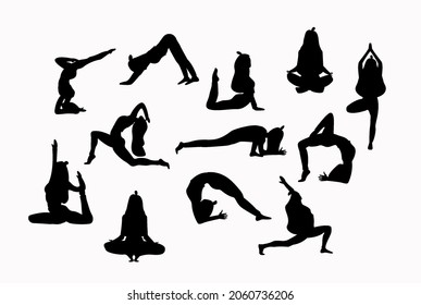 Slim sportive young woman doing yoga and fitness exercises. Set of vector silhouette illustrations design isolated on white background for t-shirt graphics, icons, web, posters, print