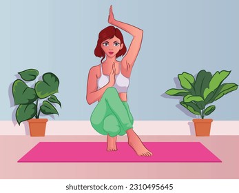  Slim sportive young woman doing yoga  fitness exercises. Healthy lifestyle. Collection of female cartoon characters demonstrating various yoga positions isolated with background - Vector.