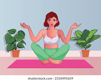  Slim sportive young woman doing yoga  fitness exercises. Healthy lifestyle. Collection of female cartoon characters demonstrating various yoga positions isolated with background - Vector.