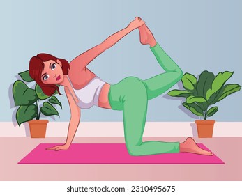  Slim sportive young woman doing yoga  fitness exercises. Healthy lifestyle. Collection of female cartoon characters demonstrating various yoga positions isolated with background - Vector.