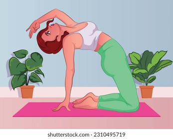  Slim sportive young woman doing yoga  fitness exercises. Healthy lifestyle. Collection of female cartoon characters demonstrating various yoga positions isolated with background - Vector.